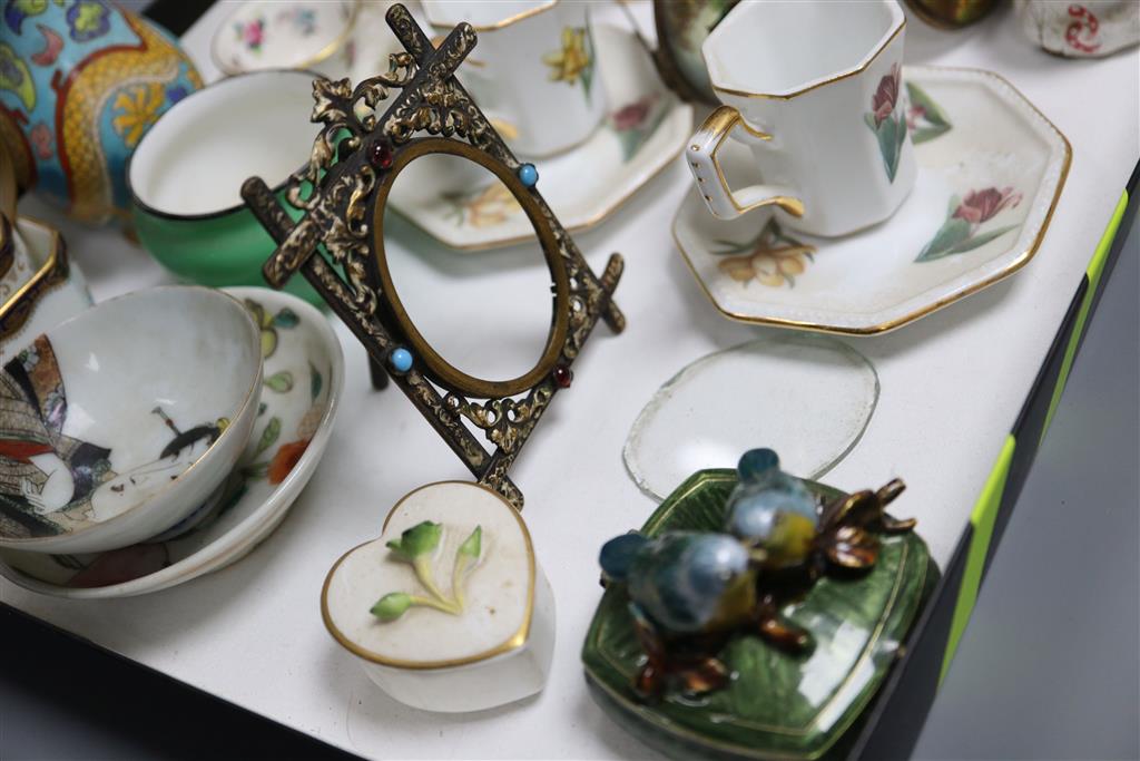 Two Royal Worcester extinguishers, mixed miniature ceramics, photo frame etc
